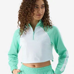 The Souled Store Colourblocked High Neck Half Zipper Raglan Sleeves Crop Boxy Top-image-11