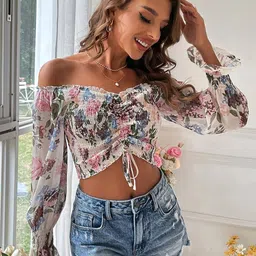 Stylecast X Slyck Floral Printed Off-Shoulder Smocked Detailed Bardot Crop Top-46