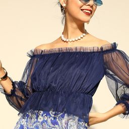 BAESD Off-Shoulder Bell Sleeves Smocking Detail Net Bardot Crop Top-image-38
