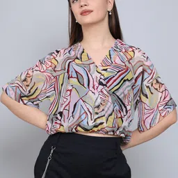 Baawri Abstract Print V-Neck Kimono Sleeves Wrap Top-picture-7