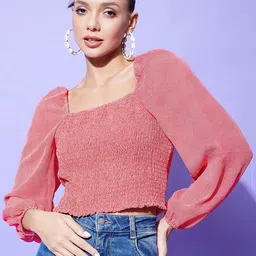 StyleStone Smocked Checked Square Neck Blouson Crop Top-image-75