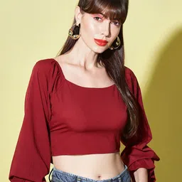Slenor Square Neck Puff Sleeves Crop Top-image-44