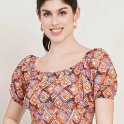 U&F Orange Ethnic Motifs Printed Square Neck Puffed Sleeves Smocked Fitted Crop Top-image-92