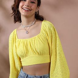 KETCH Self Design Square Neck Puff Sleeves Schiffli Gathered Detail Crop Empire Top-image-18