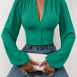 Stylecast X Slyck V-Neck Puff Sleeve Fitted Crop Top-image-98
