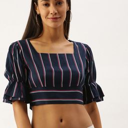 Berrylush Navy Blue & White Striped Bell Sleeves Cinched Waist Crop Top-picture-4