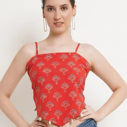 Popwings Ethnic Printed Smocked Shoulder Straps Cotton Crop Top-43