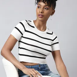 SHOWOFF Striped Round Neck Acrylic Fitted Crop Top-image-72