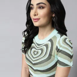 SHOWOFF Round Neck Abstract Printed Acrylic Fitted Crop Top-picture-4