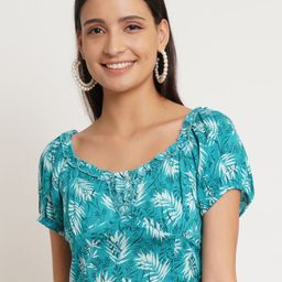 IX IMPRESSION Turquoise Blue Tropical Print Smocked Crepe Crop Top-image-9
