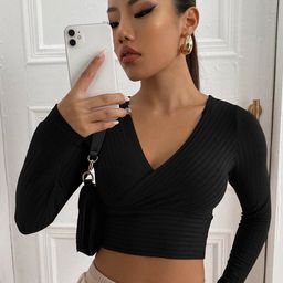 StyleCast x Revolte Black Striped V-Neck Long Sleeves Wrap Crop Top-image-30