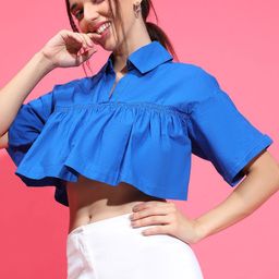Oxolloxo Flared Sleeve Cotton Shirt Style Crop Top-image-12