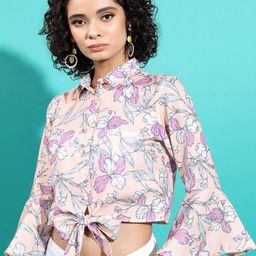 Vishudh Floral Printed Bell Sleeves Tie-Up Detail Shirt Style Crop Top-picture-24