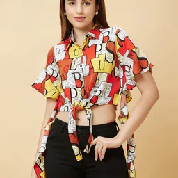 Globus Typography Printed Flared Sleeves Waist Tie-Ups Shirt Style Crop Top-image-52