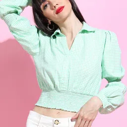 Tokyo Talkies Women Green & White Checked Shirt Style Crop Top-image-52