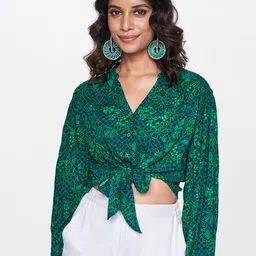 Global Desi Floral Printed Shirt Style Cuffed Sleeves Mandarin Collar Crop Top-image-64