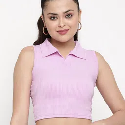BAESD Collared Neck Sleeveless Ribbed  Shirt Style Crop Top-image-76