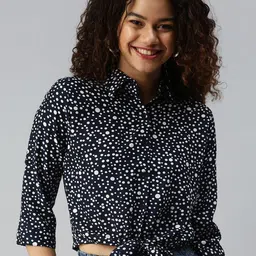 SHOWOFF Women Navy Blue Print Georgette Shirt Style Crop Top-image-52