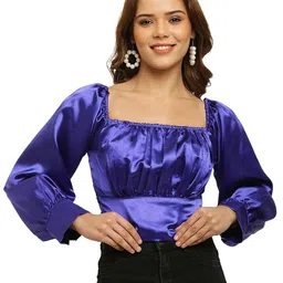 ADDICTED ATTIRE Square Neck Cuffed Sleeves Gathered Detailed Satin Fitted Crop Top-image-19