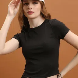 Tokyo Talkies Black Round Neck Fitted Crop Top-image-75