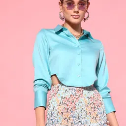 STREET 9 Turquoise Blue Shirt Style Crop Top-image-50