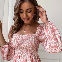 Stylecast X Slyck Floral Printed Square Neck Smocked Peplum Crop Top-picture-10