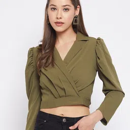 WineRed Olive Green Lapel Collar Wrap Tie Back Crop Top-picture-20