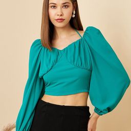 RARE Green Gathered Puff Sleeve Tie-Up Neck Crop Top-image-45