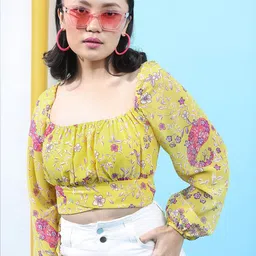 Tokyo Talkies Floral Printed Puff Sleeves Gathered Blouson Crop Top-image-28