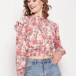 Madame Floral Printed Tie Up Neck Blouson Crop Top-image-87