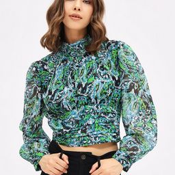 Harpa Floral Printed High Neck Gathered or Pleated Chiffon Crop Top-image-20