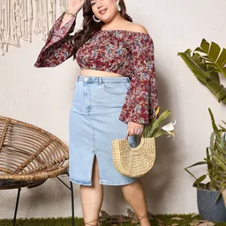 Berrylush Curve Floral Printed Off-Shoulder Bardot Crop Top-image-22