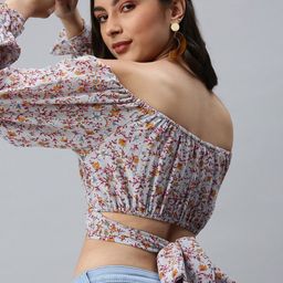 SHOWOFF Grey Floral Print One Shoulder Georgette Styled Back Crop Top-image-98