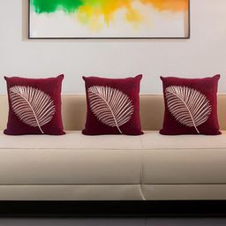 Decoghar Maroon & White 3 Pieces Floral Embroidered Square Cushion Covers-31