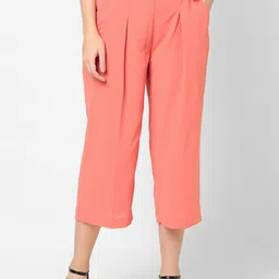 MISH Women Peach-Coloured Solid Comfort Loose Fit Easy Wash Pleated Culottes Trousers-image-52
