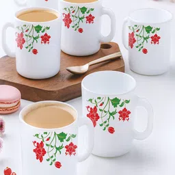 Larah by BOROSIL Hazel 12 Pcs White & Red Floral Printed Opalware Matte Mugs - 180 ML Each image 1