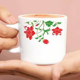 Larah by BOROSIL Hazel 12 Pcs White & Red Floral Printed Opalware Matte Mugs - 180 ML Each image 3