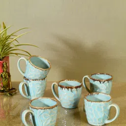 AAKRITI ART CREATIONS Blue & Brown 6 Pieces Textured Ceramic Glossy Cups 150 ML Each-42