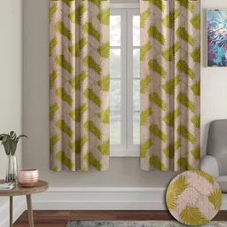 Aura Green & Beige 2 Pieces Floral Regular Window Curtains-5