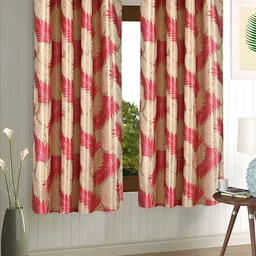 Aura Red & Beige 2 Pieces Floral Eyelet Window Curtains-48
