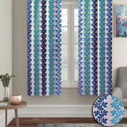 Aura Blue & White 2 Pieces Floral Regular Window Curtains-image-54