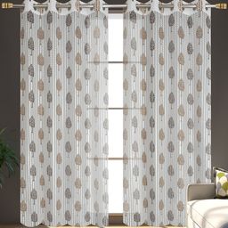 AH ARTSY HOME Coffee Brown & Grey 2 Pcs Floral Printed Tissue Net Sheer Door Curtains-image-55