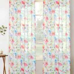 HOMADORN White & Pink Floral Eyelet Sheer Linen Door Curtain-image-60