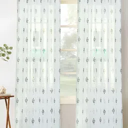 HOMADORN White & Green Floral Eyelet Sheer Linen Window Curtain-29