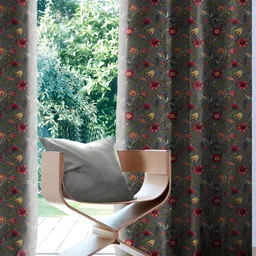 CASABLEU Grey 2 Pieces Floral Black Out Eyelet Door Curtains-image-50