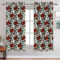Airwill Red White 2 Pieces Floral Cotton Room Darkening Window Curtain-image-56