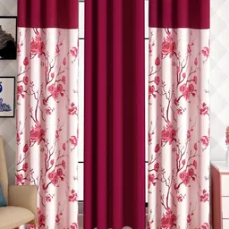 Lunar Days Maroon & White 3 Pieces Floral Room Darkening Door Curtains-image-88