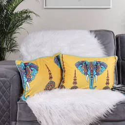 STITCHNEST Yellow & Blue 2 Pieces Ethnic Motifs Printed Velvet Rectangle Cushion Covers-image-69