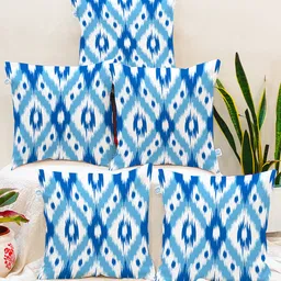 STITCHNEST Set Of 5 Blue & White Geometric Printed Cotton Square Cushion Covers-6
