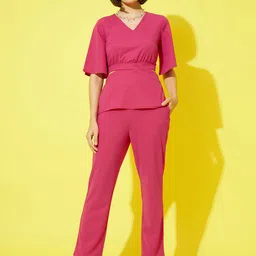 Athena Women Pink Solid V-Neck Top and Trousers-image-41